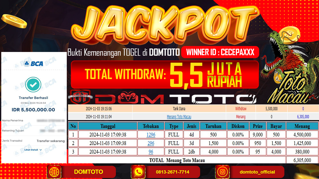 JACKPOT TOTOMACAU 4D  03 NOVEMBER 2024
